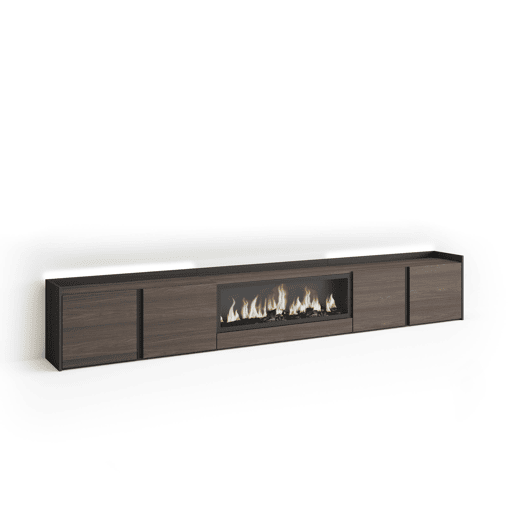 Móvel de TV, Muito espaço de arrumação, 315x35x50cm, Para televisores até 80, Lareira eléctrica XXL, LED, Estilo moderno, Carvalho escuro e Preto