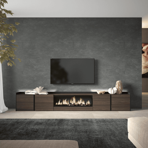 Móvel de TV, Muito espaço de arrumação, 315x35x50cm, Para televisores até 80, Lareira eléctrica XXL, LED, Estilo moderno, Carvalho escuro e Preto