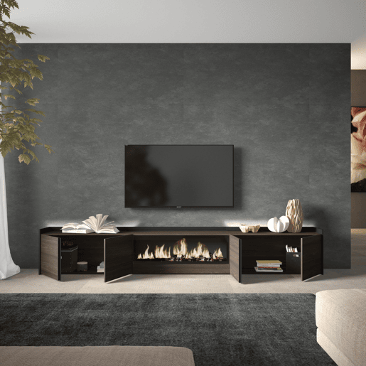 Móvel de TV, Muito espaço de arrumação, 315x35x50cm, Para televisores até 80, Lareira eléctrica XXL, LED, Estilo moderno, Carvalho escuro e Preto