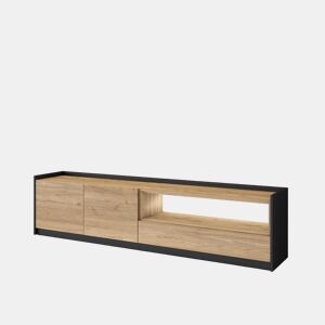 Móvel de TV, Muito espaço de arrumação, 207x37x50cm, Para televisores até 80, LED, Estilo moderno, Carvalho e preto