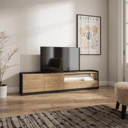 Móvel de TV, Muito espaço de arrumação, 207x37x50cm, Para televisores até 80, LED, Estilo moderno, Carvalho e preto Móvel de TV, Muito espaço de arrumação, 207x37x50cm, Para televisores até 80, LED, Estilo moderno, Carvalho e preto