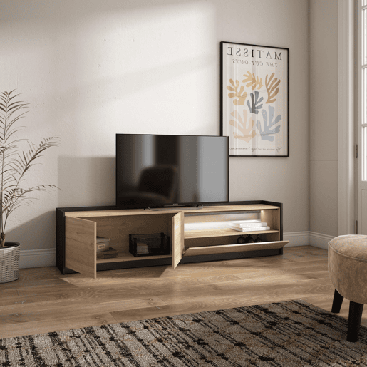Móvel de TV, Muito espaço de arrumação, 207x37x50cm, Para televisores até 80, LED, Estilo moderno, Carvalho e preto Móvel de TV, Muito espaço de arrumação, 207x37x50cm, Para televisores até 80, LED, Estilo moderno, Carvalho e preto