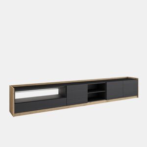 Móvel de TV, Muito espaço de arrumação, 310x37x50cm, Para televisores até 80, LED, Estilo moderno, Preto e Carvalho