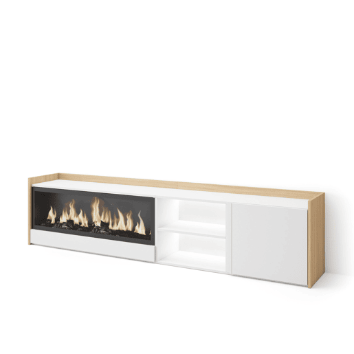 Móvel de TV, Muito espaço de arrumação, 212x35x50cm, Para televisores até 80, Lareira eléctrica XXL, LED, Estilo moderno, Branco e Carvalho soft