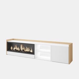 Móvel de TV, Muito espaço de arrumação, 212x35x50cm, Para televisores até 80, Lareira eléctrica XXL, LED, Estilo moderno, Branco e Carvalho soft