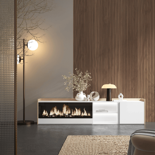 Móvel de TV, Muito espaço de arrumação, 212x35x50cm, Para televisores até 80, Lareira eléctrica XXL, LED, Estilo moderno, Branco e Carvalho soft