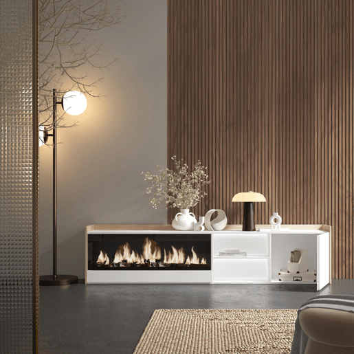 Móvel de TV, Muito espaço de arrumação, 212x35x50cm, Para televisores até 80, Lareira eléctrica XXL, LED, Estilo moderno, Branco e Carvalho soft