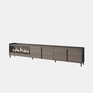 Móvel de TV, Muito espaço de arrumação, 315x35x61cm, Para televisores até 80, Lareira eléctrica XXL, Design industrial, LED, Estilo moderno, Carvalho escuro e Preto