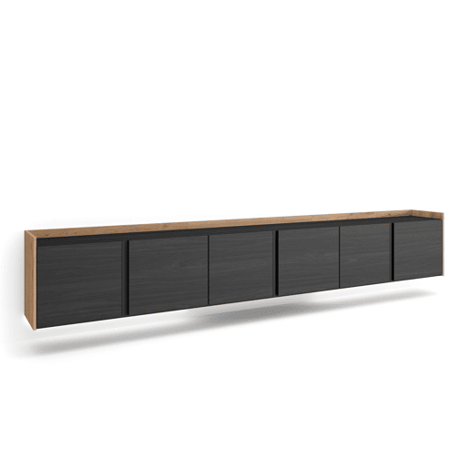 Móvel de TV, Muito espaço de arrumação, 309x35x50cm, Para televisores até 80, Suspensos, LED, Estilo moderno, Preto e Carvalho Móvel de TV, Muito espaço de arrumação, 309x35x50cm, Para televisores até 80, Suspensos, LED, Estilo moderno, Preto e Carvalho