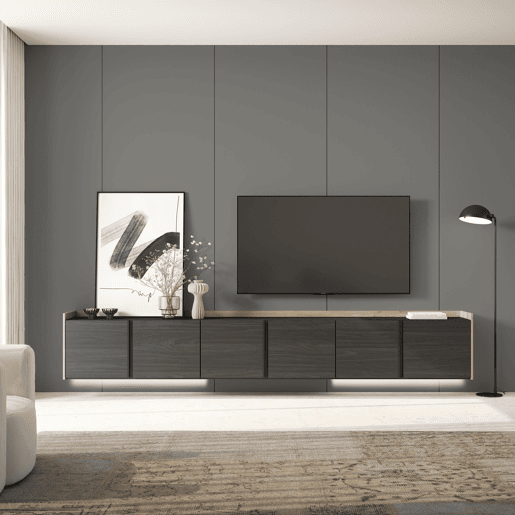 Móvel de TV, Muito espaço de arrumação, 309x35x50cm, Para televisores até 80, Suspensos, LED, Estilo moderno, Preto e Carvalho Móvel de TV, Muito espaço de arrumação, 309x35x50cm, Para televisores até 80, Suspensos, LED, Estilo moderno, Preto e Carvalho