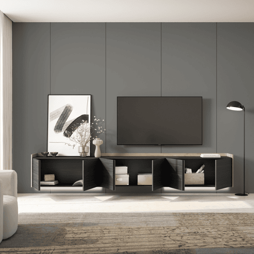 Móvel de TV, Muito espaço de arrumação, 309x35x50cm, Para televisores até 80, Suspensos, LED, Estilo moderno, Preto e Carvalho Móvel de TV, Muito espaço de arrumação, 309x35x50cm, Para televisores até 80, Suspensos, LED, Estilo moderno, Preto e Carvalho
