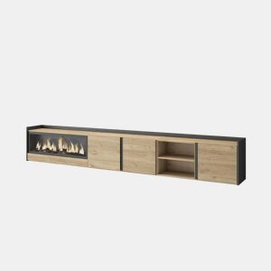 Móvel de TV, Muito espaço de arrumação, 315x35x50cm, Para televisores até 80, Lareira eléctrica XXL, Suspensos, Estilo moderno, Carvalho e preto