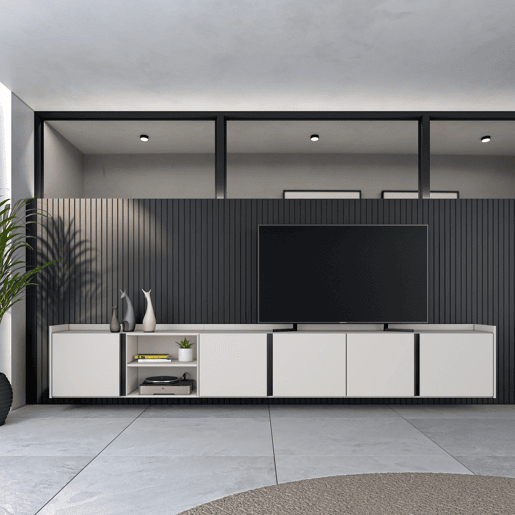Móvel de TV, Muito espaço de arrumação, 309x35x50cm, Para televisores até 80, Suspensos, Estilo moderno, Bege