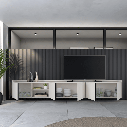 Móvel de TV, Muito espaço de arrumação, 309x35x50cm, Para televisores até 80, Suspensos, Estilo moderno, Bege