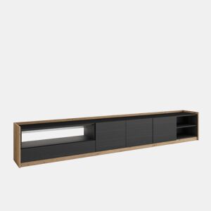 Móvel de TV, Muito espaço de arrumação, 310x37x50cm, Para televisores até 80, LED, Estilo moderno, Preto e Carvalho
