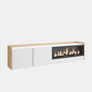 Móvel de TV, Muito espaço de arrumação, 212x35x50cm, Para televisores até 80, Lareira eléctrica XXL, Suspensos, LED, Estilo moderno, Branco e Carvalho soft