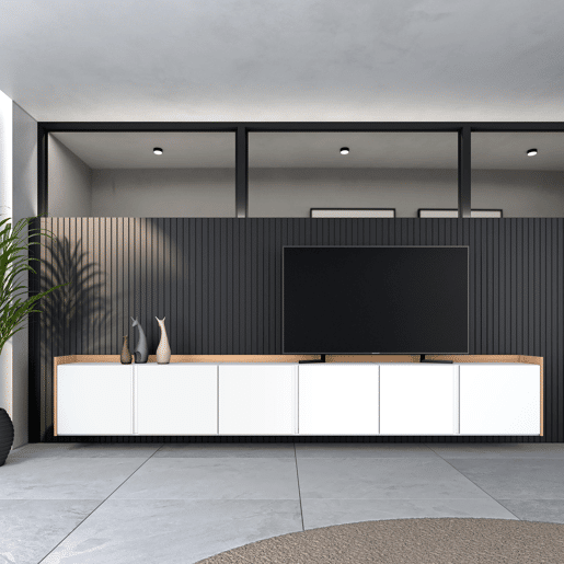 Móvel de TV, Muito espaço de arrumação, 309x35x50cm, Para televisores até 80, Suspensos, Estilo moderno, Branco e Carvalho soft