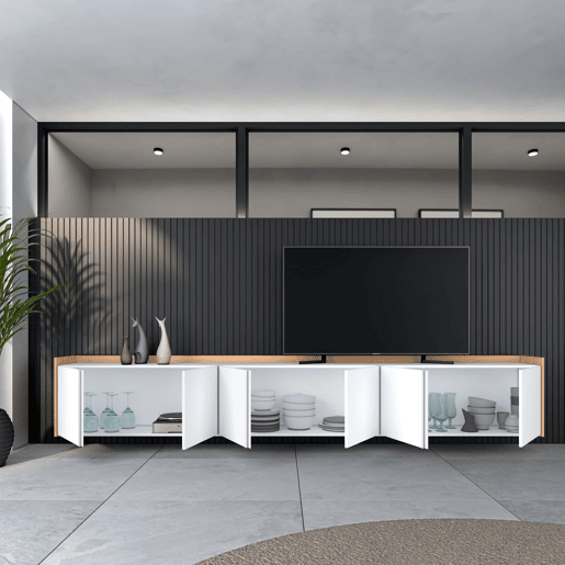 Móvel de TV, Muito espaço de arrumação, 309x35x50cm, Para televisores até 80, Suspensos, Estilo moderno, Branco e Carvalho soft