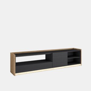 Móvel de TV, Muito espaço de arrumação, 207x37x50cm, Para televisores até 80, LED, Estilo moderno, Preto e Carvalho