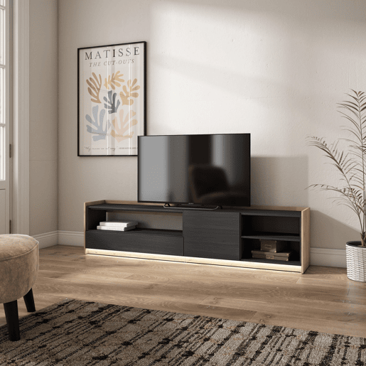 Móvel de TV, Muito espaço de arrumação, 207x37x50cm, Para televisores até 80, LED, Estilo moderno, Preto e Carvalho Móvel de TV, Muito espaço de arrumação, 207x37x50cm, Para televisores até 80, LED, Estilo moderno, Preto e Carvalho