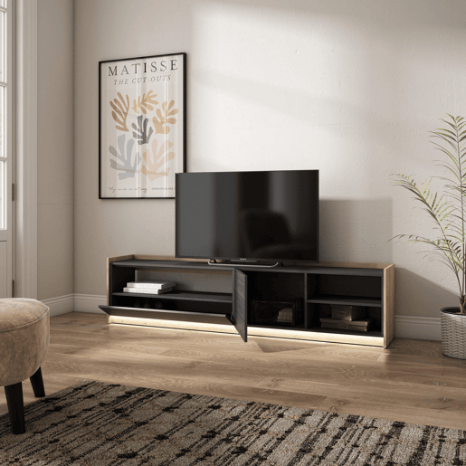 Móvel de TV, Muito espaço de arrumação, 207x37x50cm, Para televisores até 80, LED, Estilo moderno, Preto e Carvalho Móvel de TV, Muito espaço de arrumação, 207x37x50cm, Para televisores até 80, LED, Estilo moderno, Preto e Carvalho