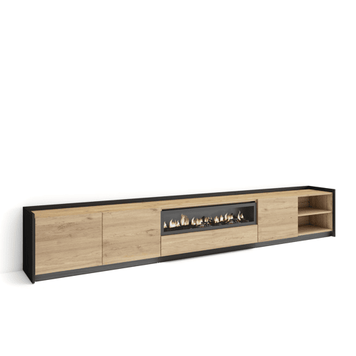Móvel de TV, Muito espaço de arrumação, 310x37x50cm, Para televisores até 80, Lareira eléctrica, LED, Estilo moderno, Carvalho e preto