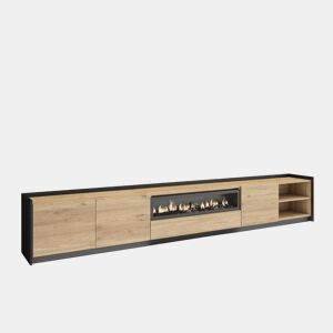 Móvel de TV, Muito espaço de arrumação, 310x37x50cm, Para televisores até 80, Lareira eléctrica, LED, Estilo moderno, Carvalho e preto