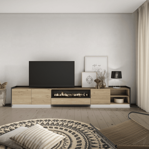 Móvel de TV, Muito espaço de arrumação, 310x37x50cm, Para televisores até 80, Lareira eléctrica, LED, Estilo moderno, Carvalho e preto