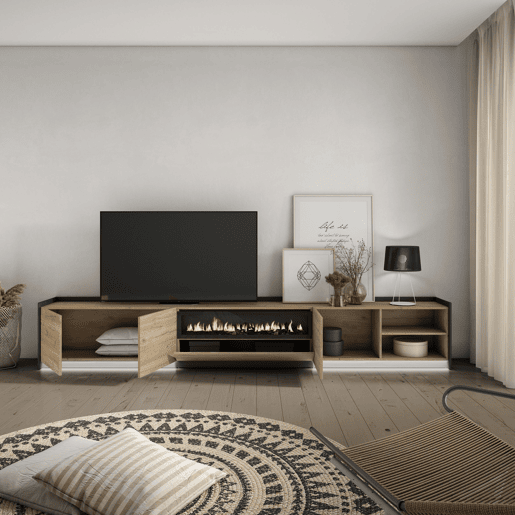 Móvel de TV, Muito espaço de arrumação, 310x37x50cm, Para televisores até 80, Lareira eléctrica, LED, Estilo moderno, Carvalho e preto