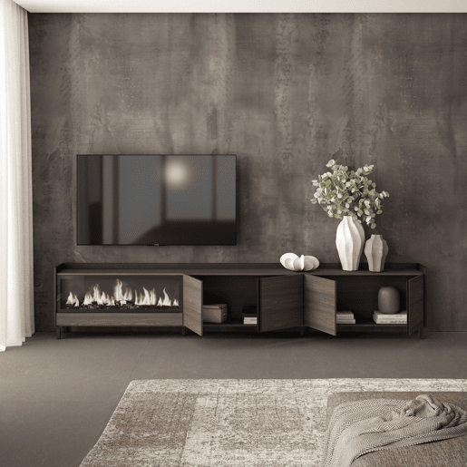 Móvel de TV, Muito espaço de arrumação, 315x35x61cm, Para televisores até 80, Lareira eléctrica XXL, Design industrial, Estilo moderno, Carvalho escuro e Preto
