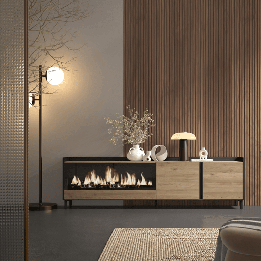 Móvel de TV, Muito espaço de arrumação, 212x35x61cm, Para televisores até 80, Lareira eléctrica XXL, Design industrial, Estilo moderno, Carvalho e preto Móvel de TV, Muito espaço de arrumação, 212x35x61cm, Para televisores até 80, Lareira eléctrica XXL, Design industrial, Estilo moderno, Carvalho e preto