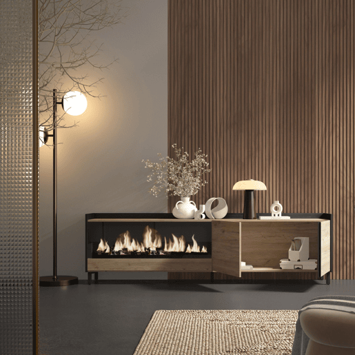 Móvel de TV, Muito espaço de arrumação, 212x35x61cm, Para televisores até 80, Lareira eléctrica XXL, Design industrial, Estilo moderno, Carvalho e preto Móvel de TV, Muito espaço de arrumação, 212x35x61cm, Para televisores até 80, Lareira eléctrica XXL, Design industrial, Estilo moderno, Carvalho e preto