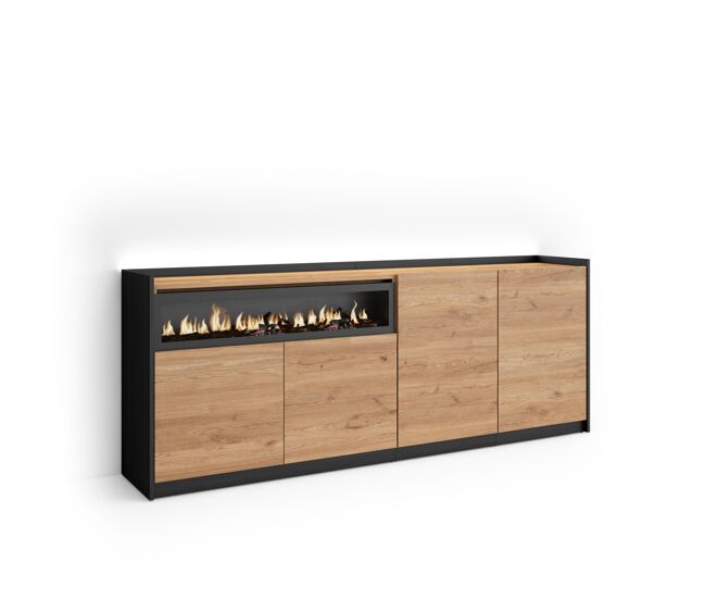 Aparador para salón, gran capacidad de almacenaje, 207x37x80cm, 4 puertas, chimenea eléctrica, led, estilo moderno, roble y negro