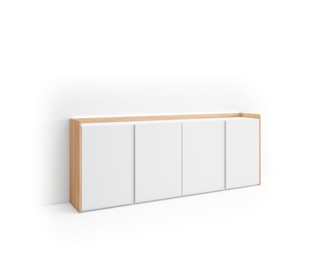 Aparador para salón, gran capacidad de almacenaje, 207x35x80cm, 4 puertas, led, estilo moderno, blanco y roble soft