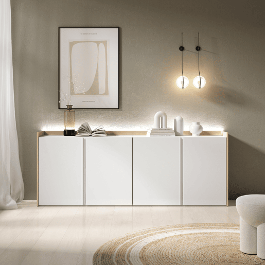 Aparador sala de jantar, Sala, Cozinha, Entrada, TV, 207x35x80cm, 4 Portas, LED, Estilo moderno, Branco e Carvalho soft Aparador sala de jantar, Sala, Cozinha, Entrada, TV, 207x35x80cm, 4 Portas, LED, Estilo moderno, Branco e Carvalho soft