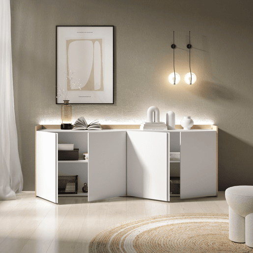 Aparador sala de jantar, Sala, Cozinha, Entrada, TV, 207x35x80cm, 4 Portas, LED, Estilo moderno, Branco e Carvalho soft Aparador sala de jantar, Sala, Cozinha, Entrada, TV, 207x35x80cm, 4 Portas, LED, Estilo moderno, Branco e Carvalho soft