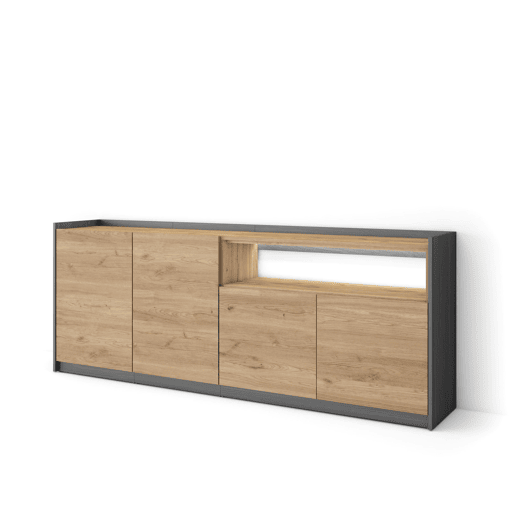 Aparador sala de jantar, Sala, Cozinha, Entrada, TV, 207x37x80cm, 4 Portas, LED, Estilo moderno, Carvalho e preto Aparador sala de jantar, Sala, Cozinha, Entrada, TV, 207x37x80cm, 4 Portas, LED, Estilo moderno, Carvalho e preto