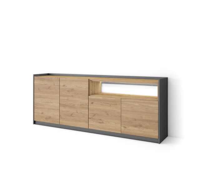 Aparador para salón, gran capacidad de almacenaje, 207x37x80cm, 4 puertas, led, estilo moderno, roble y negro