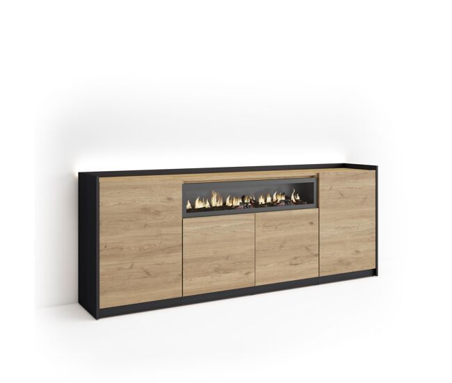 Aparador para salón, gran capacidad de almacenaje, 207x37x80cm, 4 puertas, chimenea eléctrica, led, estilo moderno, roble y negro