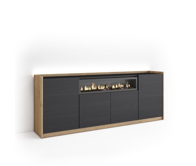 Aparador para salón, gran capacidad de almacenaje, 207x37x80cm, 4 puertas, chimenea eléctrica, led, estilo moderno, negro y roble