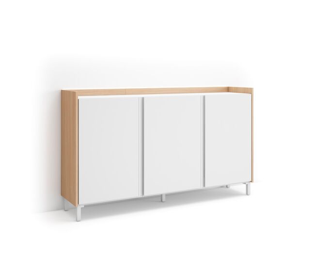 Aparador para salón, gran capacidad de almacenaje, 156x35x91cm, 3 puertas, diseño industrial, led, estilo moderno, blanco y roble soft