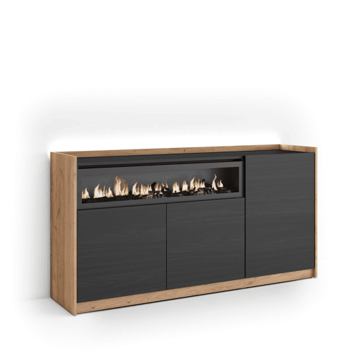 Aparador sala de jantar, Sala, Cozinha, Entrada, TV, 156x37x80cm, 3 Portas, Lareira eléctrica, LED, Estilo moderno, Preto e Carvalho