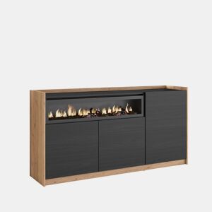Aparador sala de jantar, Sala, Cozinha, Entrada, TV, 156x37x80cm, 3 Portas, Lareira eléctrica, LED, Estilo moderno, Preto e Carvalho