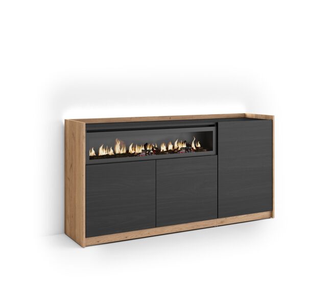Aparador para salón, gran capacidad de almacenaje, 156x37x80cm, 3 puertas, chimenea eléctrica, led, estilo moderno, negro y roble