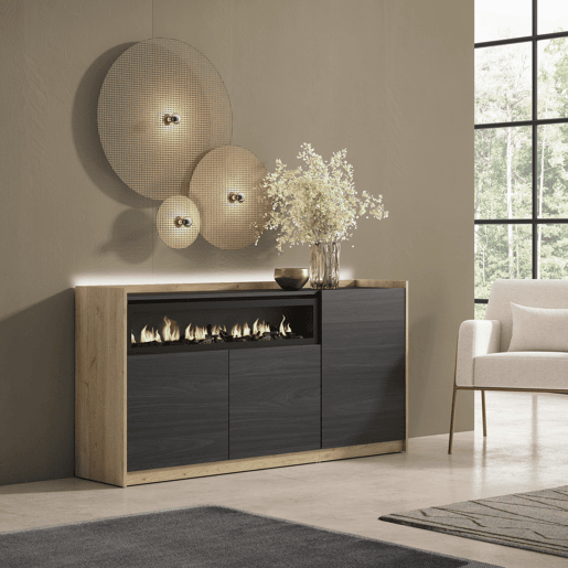 Aparador sala de jantar, Sala, Cozinha, Entrada, TV, 156x37x80cm, 3 Portas, Lareira eléctrica, LED, Estilo moderno, Preto e Carvalho