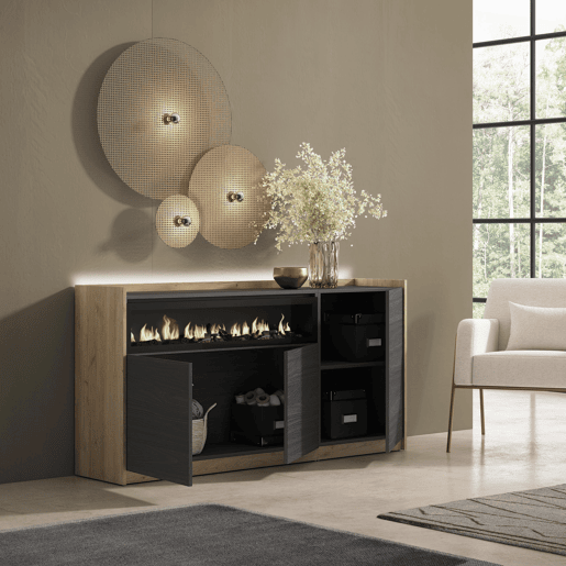 Aparador sala de jantar, Sala, Cozinha, Entrada, TV, 156x37x80cm, 3 Portas, Lareira eléctrica, LED, Estilo moderno, Preto e Carvalho