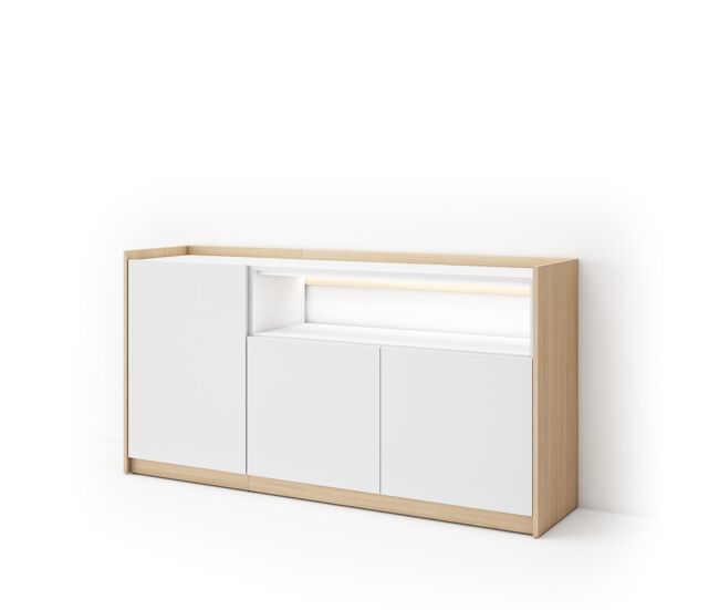 Aparador para salón, gran capacidad de almacenaje, 156x37x80cm, 3 puertas, led, estilo moderno, blanco y roble soft
