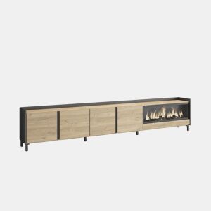 Móvel de TV, Muito espaço de arrumação, 315x35x61cm, Para televisores até 80, Lareira eléctrica XXL, Design industrial, LED, Estilo moderno, Carvalho e preto