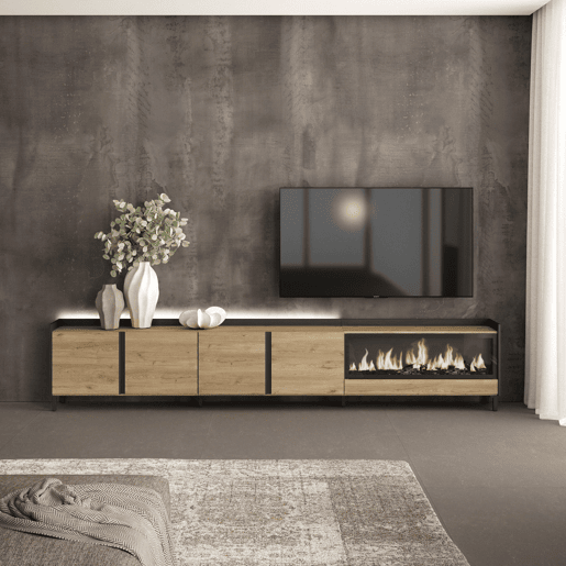 Móvel de TV, Muito espaço de arrumação, 315x35x61cm, Para televisores até 80, Lareira eléctrica XXL, Design industrial, LED, Estilo moderno, Carvalho e preto Móvel de TV, Muito espaço de arrumação, 315x35x61cm, Para televisores até 80, Lareira eléctrica XXL, Design industrial, LED, Estilo moderno, Carvalho e preto