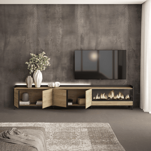 Móvel de TV, Muito espaço de arrumação, 315x35x61cm, Para televisores até 80, Lareira eléctrica XXL, Design industrial, LED, Estilo moderno, Carvalho e preto Móvel de TV, Muito espaço de arrumação, 315x35x61cm, Para televisores até 80, Lareira eléctrica XXL, Design industrial, LED, Estilo moderno, Carvalho e preto